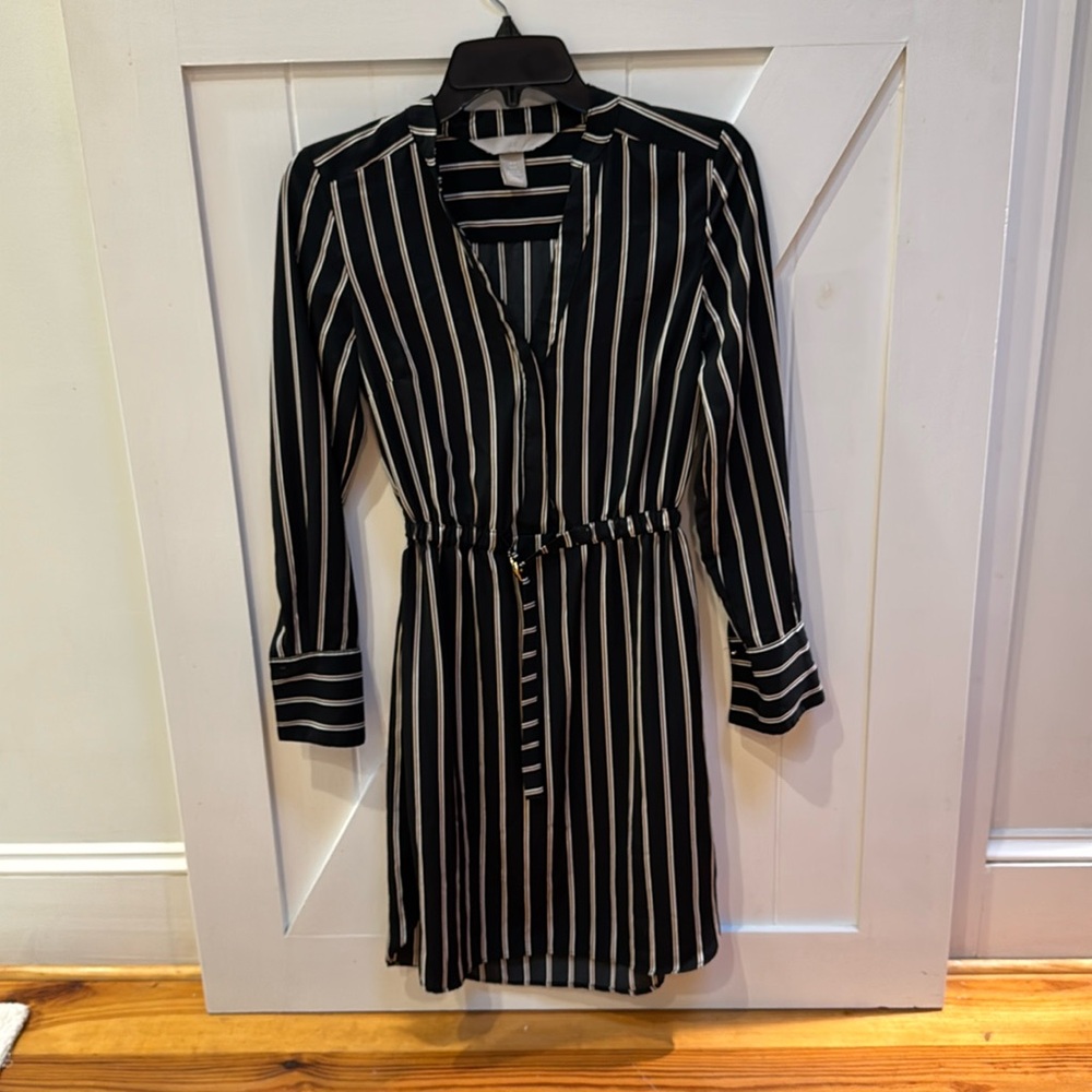 - H&H black dress with white and tan stripes